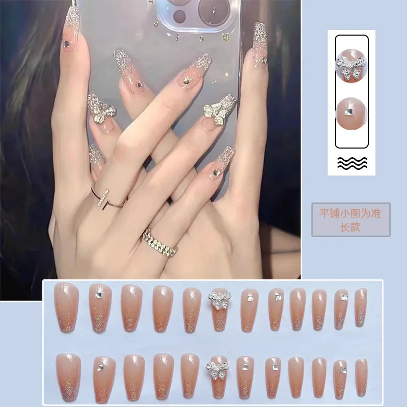 Pink Fake Nails Press on Nail Designs Art Long Tips False Forms with Glue Stick Stickers Reusable Set Acrylic Artificial