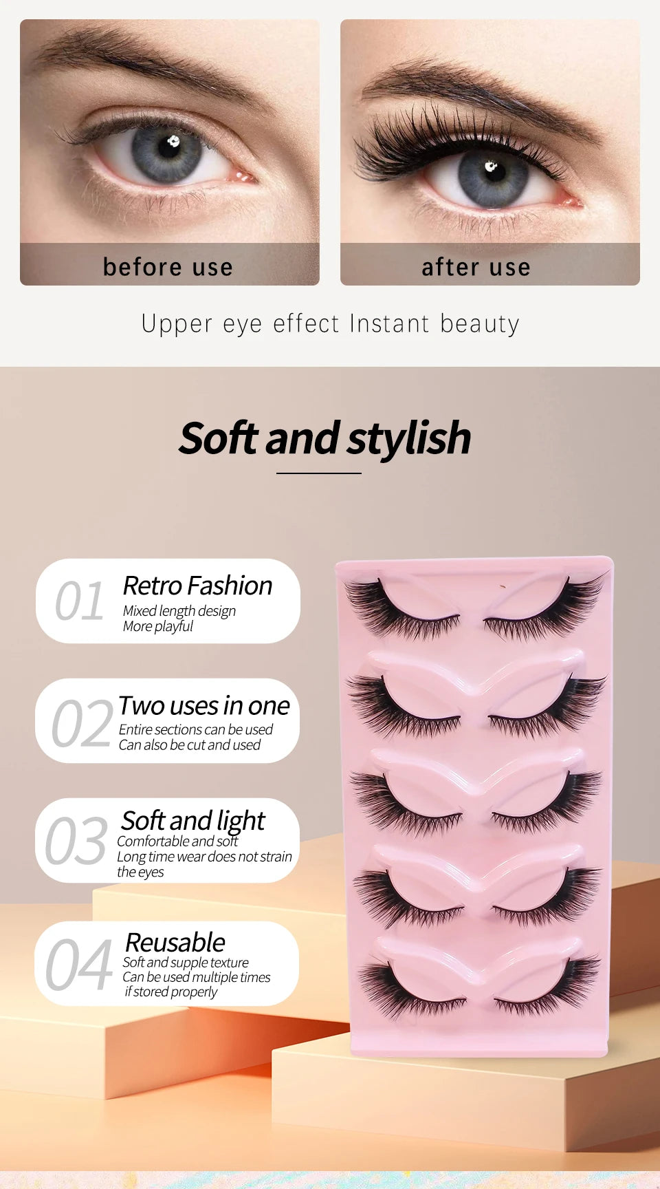 Cat Eye Lashes Natural Look Fox False Eyelashes Wispy & Lightweight Faux Mink Lashes for Doll Eye Makeup 5 Pairs/Pack