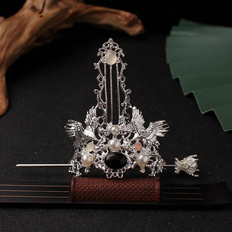 Chinese Hairpins Clips Retro Ponytail Bun Hair Holder Gold Silver Color Metal Pearls Crown Tiara for Women Men Long Hair Jewelry