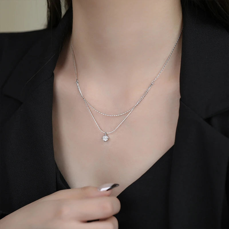 925 Sterling Silver Four Claw Zircon Pendant Necklace For Women Exquisite Double Layered Collarbone Chain Elegant Jewelry