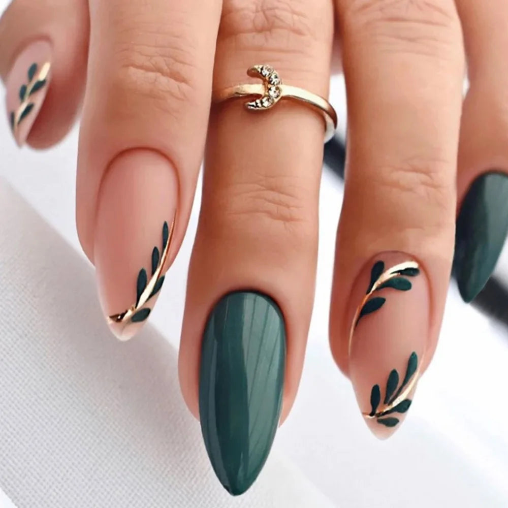 24pcs/box Women Long Almond Shaped False Nails Green Leaves Diy Fake Nail Artificial Acrylic Wearable Full Coverage Fingernail