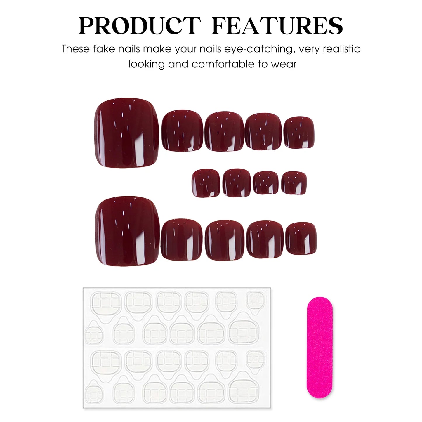 14pcs Handmade Vintage Wine Red False Toe Nails Press On Acyrlic Nails Square Fake Toenail Simple Short Artificial Nail Wearable