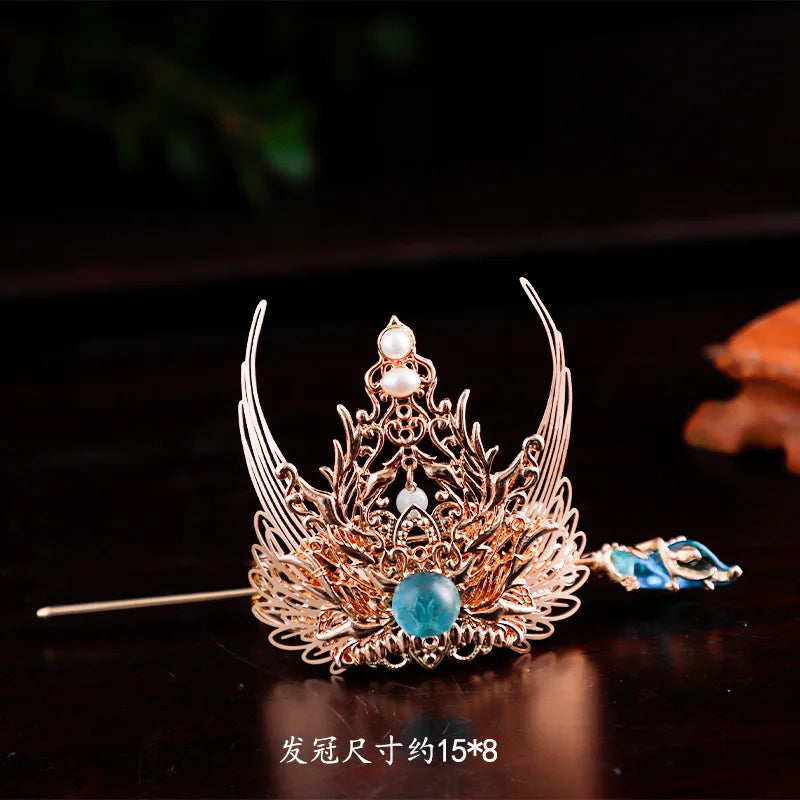 Chinese Hairpins Clips Retro Ponytail Bun Hair Holder Gold Silver Color Metal Pearls Crown Tiara for Women Men Long Hair Jewelry