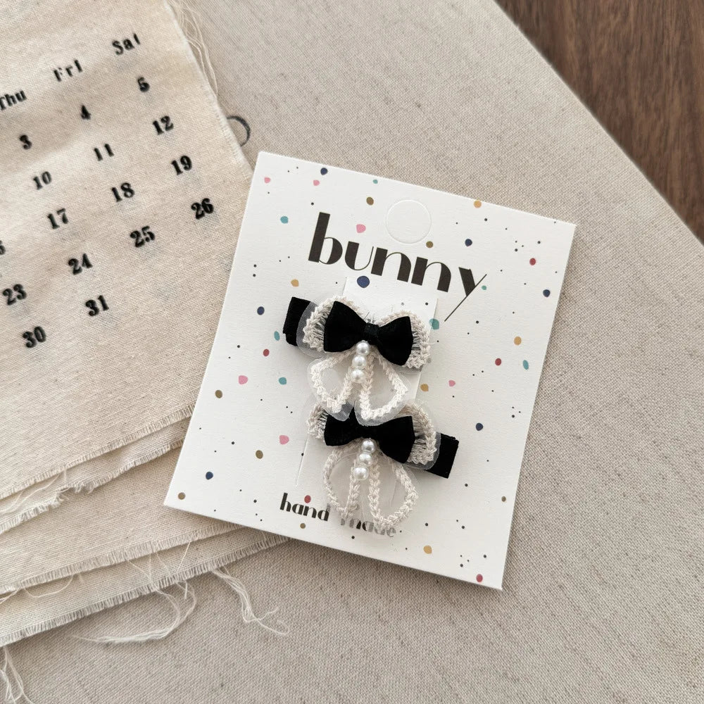 Cartoon Bear Cute Hairpins Baby Girl Black White Lace Barrettes Hair Clips Kawaii Bow Pearl Hair Clips for Kids Hair Accessories
