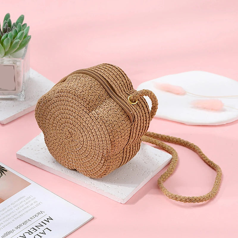 Handmade Kids Girls Shoulder Bag Flower Straw Baby Bags Messenger Bag Children Keys Coin Purse Cute Princess Mini Handbag