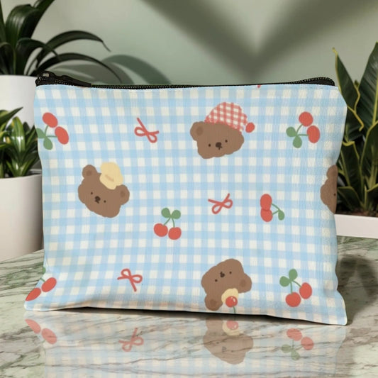 Girly Bear & Cherry Makeup Pouch with Blue Gingham Pattern Print  Cute Organizer for Lip Gloss & Small Beauty Items Ideal Gift