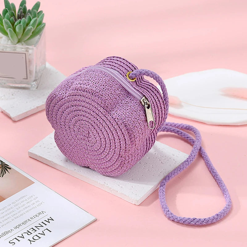 Handmade Kids Girls Shoulder Bag Flower Straw Baby Bags Messenger Bag Children Keys Coin Purse Cute Princess Mini Handbag