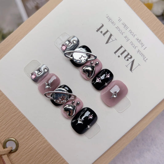 VITAGWX Handmade Press on Nails Planet Decorated False Nails Artificial Reusable Fake Nails Handpainted Design Fingernails