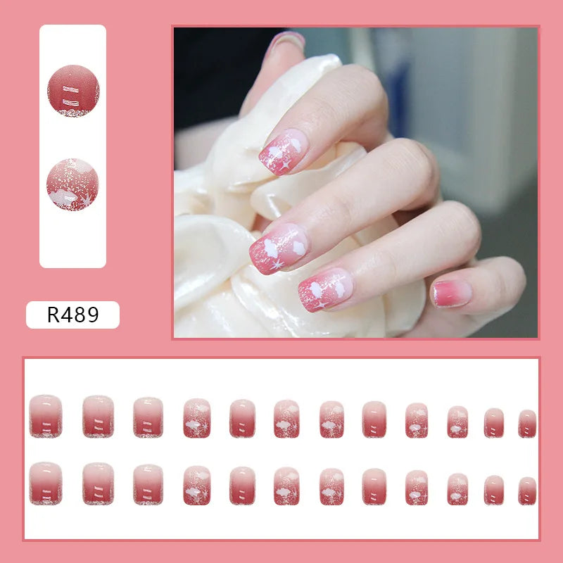 24PCS/Box 2022New Artificial Nails With Glue Milky White Pink Gradients Long Ballet Full Cover Acrylic Nail Stick Fake Nail Tips