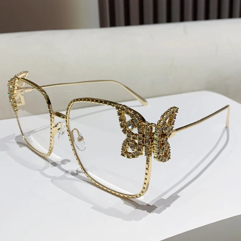 New butterfly diamond-encrusted square frame women fashion sunglasses street makeup camera glasses