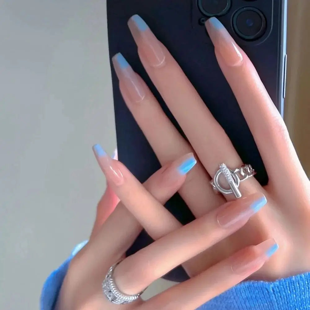 24PCS/Box 2022New Artificial Nails With Glue Milky White Pink Gradients Long Ballet Full Cover Acrylic Nail Stick Fake Nail Tips