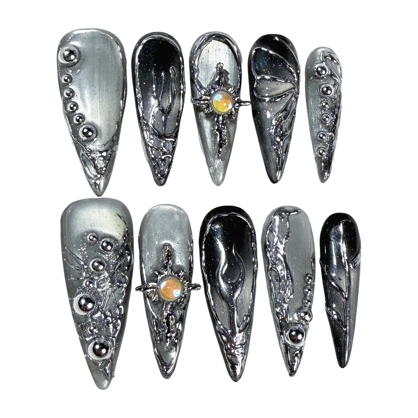 Metallic Almond Handmade Fake Nails Handmade Press On Nail Shiny Cat Eye French Almond False Nails Wearable Manicure Nail Tips