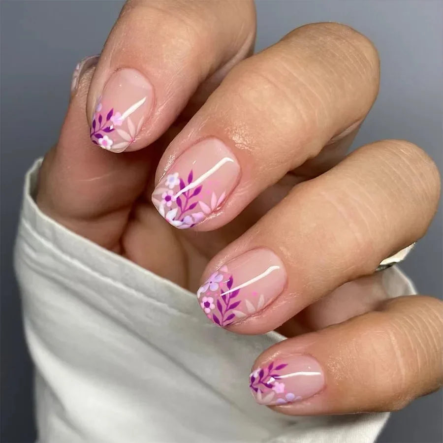 24pcs Pink Almond Short Press-On Nails Acrylic French Nail Sticker Flower Design Glossy Full Cover Artificial Nails Tips