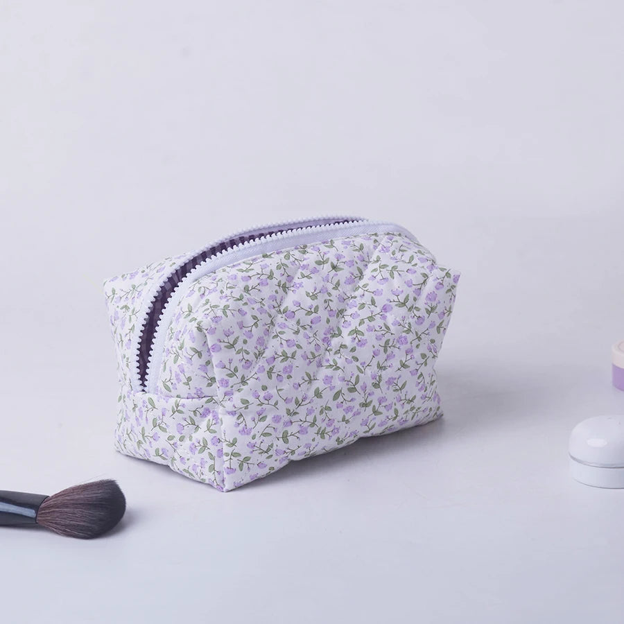 Storage Organizer Floral Puffy Quilted Makeup Bag Flower Printed Cosmetic Pouch Large Travel Cosmetic Bag Makeup Accessory