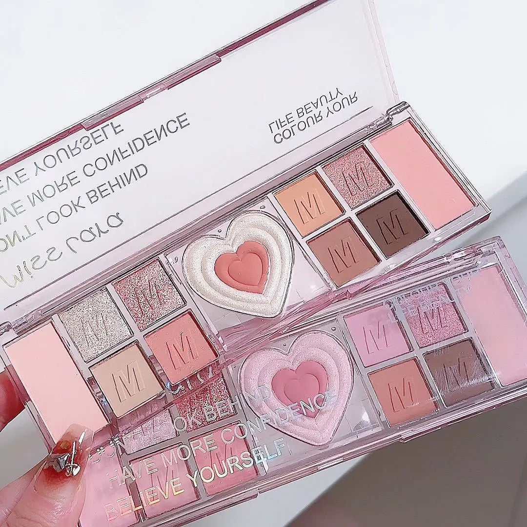 Gliter Love Heart Pink Eyeshadow Palette Natural Cool Tone Low Saturation Eye Shadow Pallet Brown Korean Makeup Cosmetic