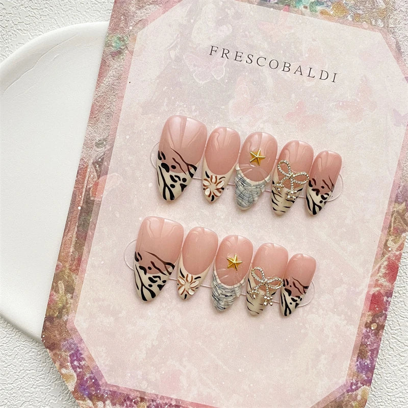 Almond Handmade False Nails Press on Reusable Adhesive Fake Nails Leopard French Manicure Wearable Artificial Finger Tips Woman