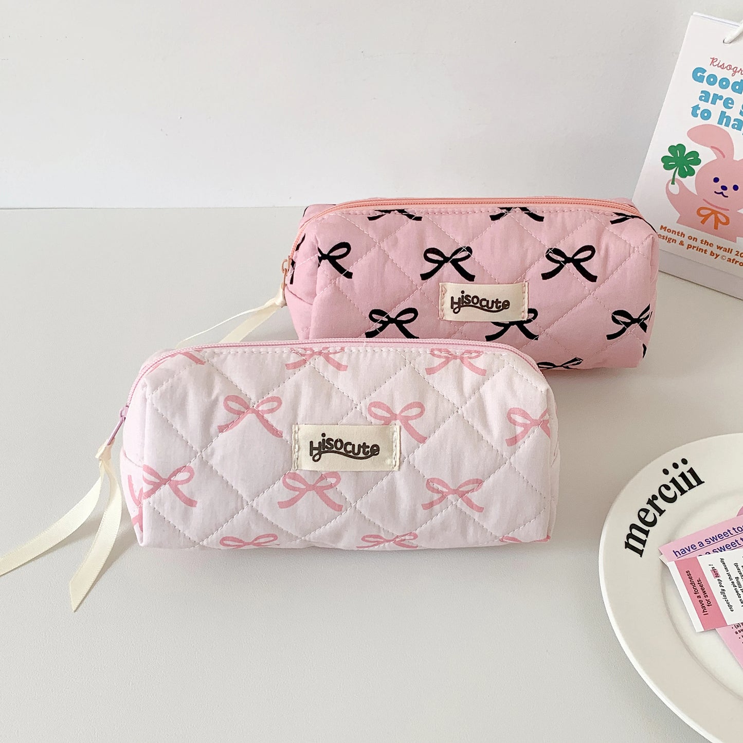 Sweet Girl Pencil Pouch Bow Ribbon Decoration Fabric Pencil Pouch School Stationery Organizer Kawaii Pencil Bag