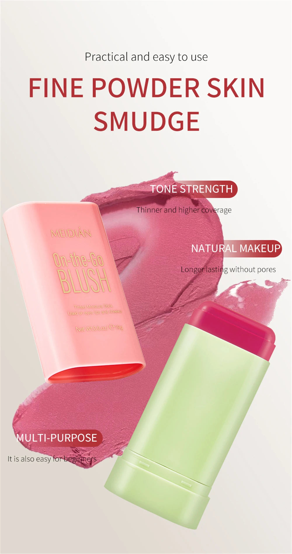 1pc Face Blush Cream Stick Korean Makeup Cosmetic Waterproof Long Lasting Lipstick Red Matte Blush Stick  Makeup Cream Blush