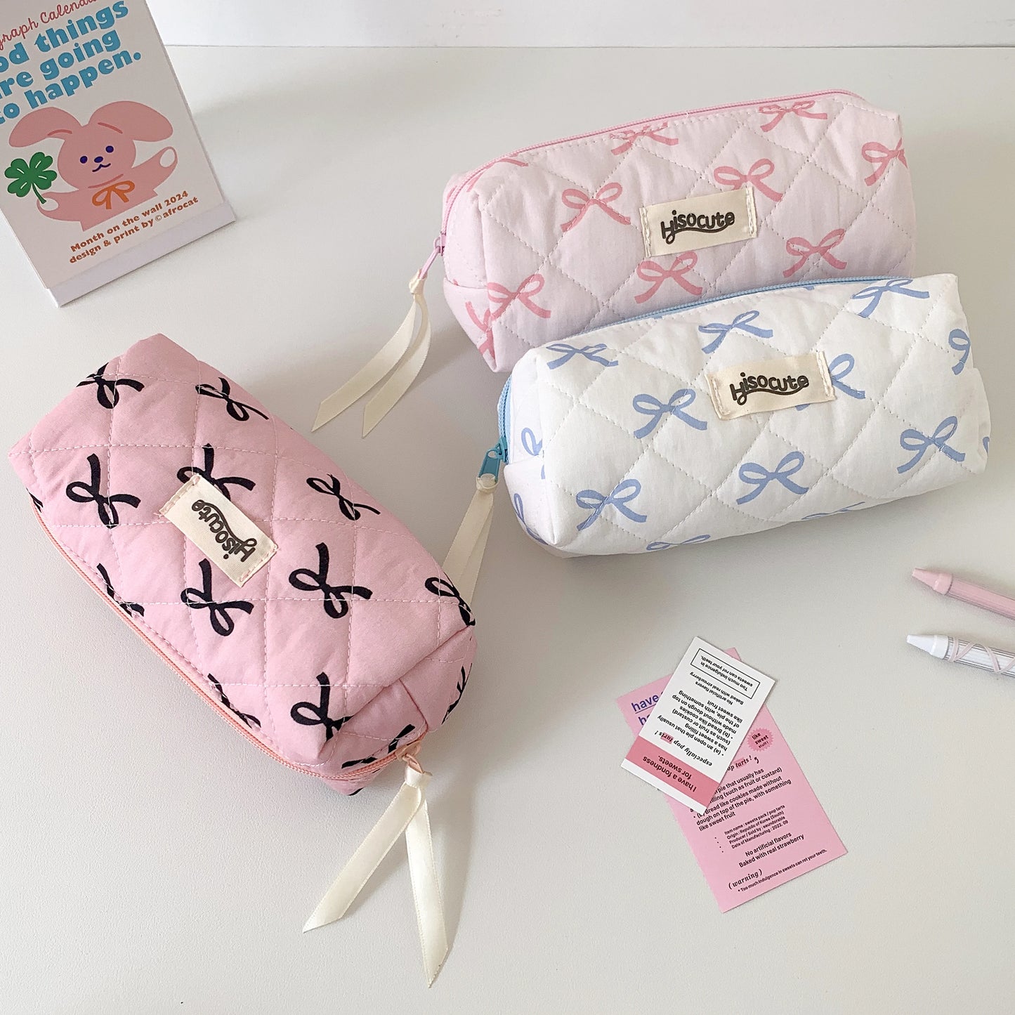 Sweet Girl Pencil Pouch Bow Ribbon Decoration Fabric Pencil Pouch School Stationery Organizer Kawaii Pencil Bag