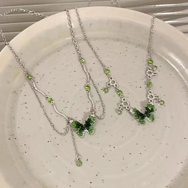 Y2K Kpop Green Zircon Butterfly Tassel Necklace for Women Korean Sweet Crystal Butterfly Metal Chain Choker Fairy Girls Jewelry