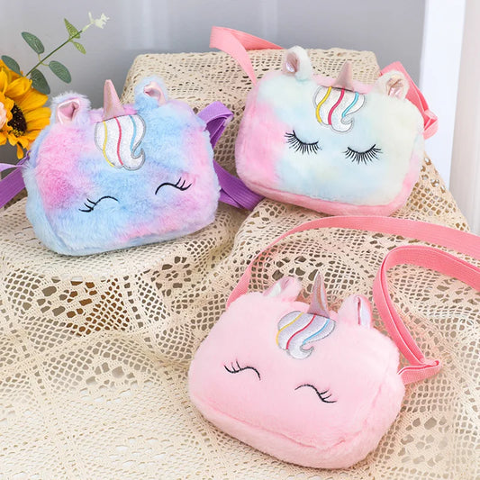 Children's Cute Unicorn Plush Crossbody Bag Cartoon Colorful Square Unicorn Shoulder Bag Girl Storage Bag