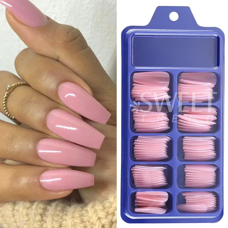 100pcs Nude Pink False Nail Press On Nails Acrylic Extension Coffin Forms Nail Tips Artificial Long Full Cover Fingernails Tools
