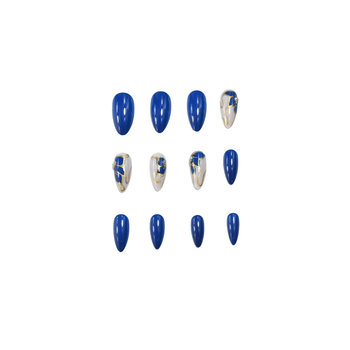 A full set of 24 long almond-shaped fake nails, designed in dark blue and three-dimensional 3D rhinestone aristocratic style, in