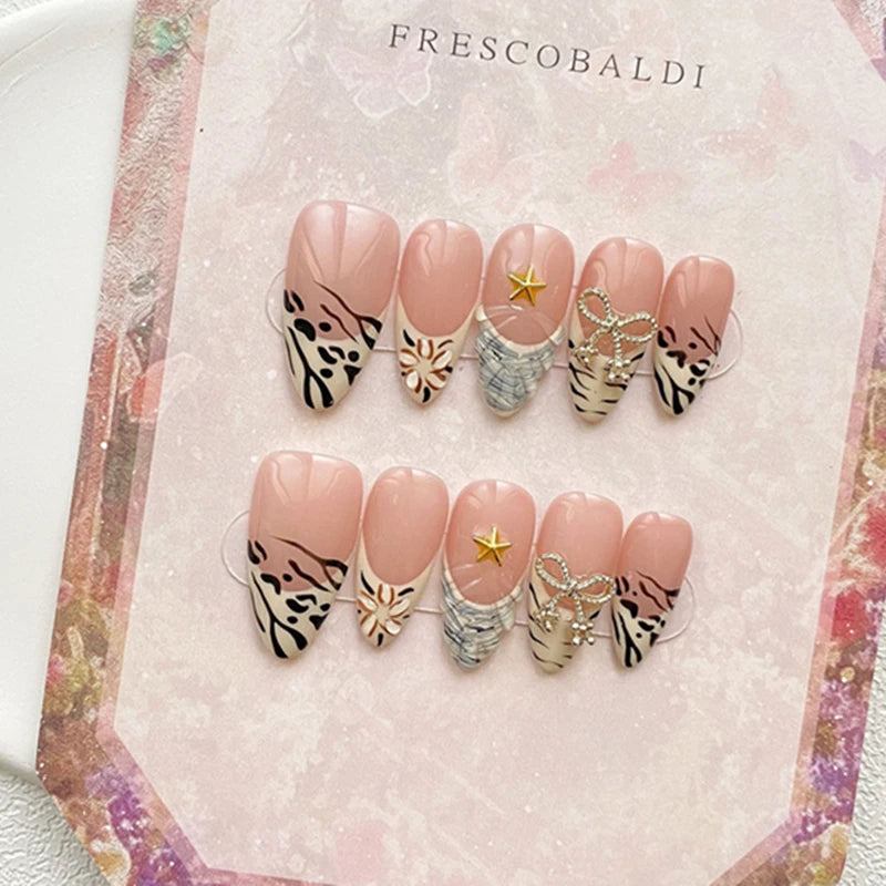 Almond Handmade False Nails Press on Reusable Adhesive Fake Nails Leopard French Manicure Wearable Artificial Finger Tips Woman