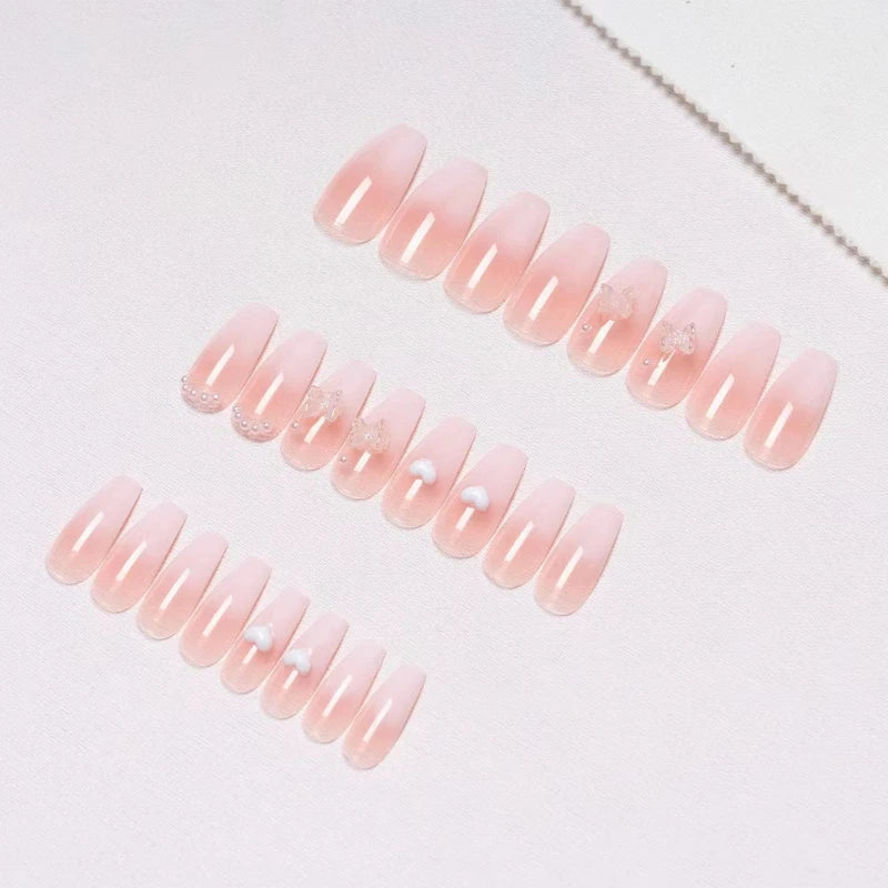 Pink Fake Nails Press on Nail Designs Art Long Tips False Forms with Glue Stick Stickers Reusable Set Acrylic Artificial