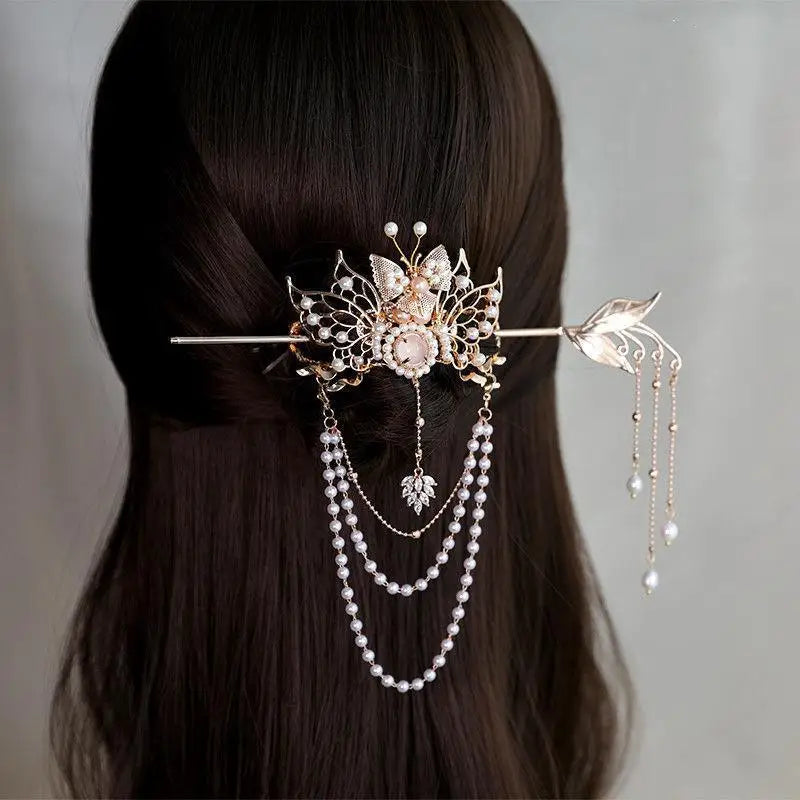 Chinese Hairpins Clips Retro Ponytail Bun Hair Holder Gold Silver Color Metal Pearls Crown Tiara for Women Men Long Hair Jewelry