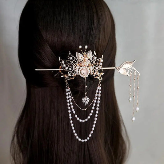 Chinese Hairpins Clips Retro Ponytail Bun Hair Holder Gold Silver Color Metal Pearls Crown Tiara for Women Men Long Hair Jewelry