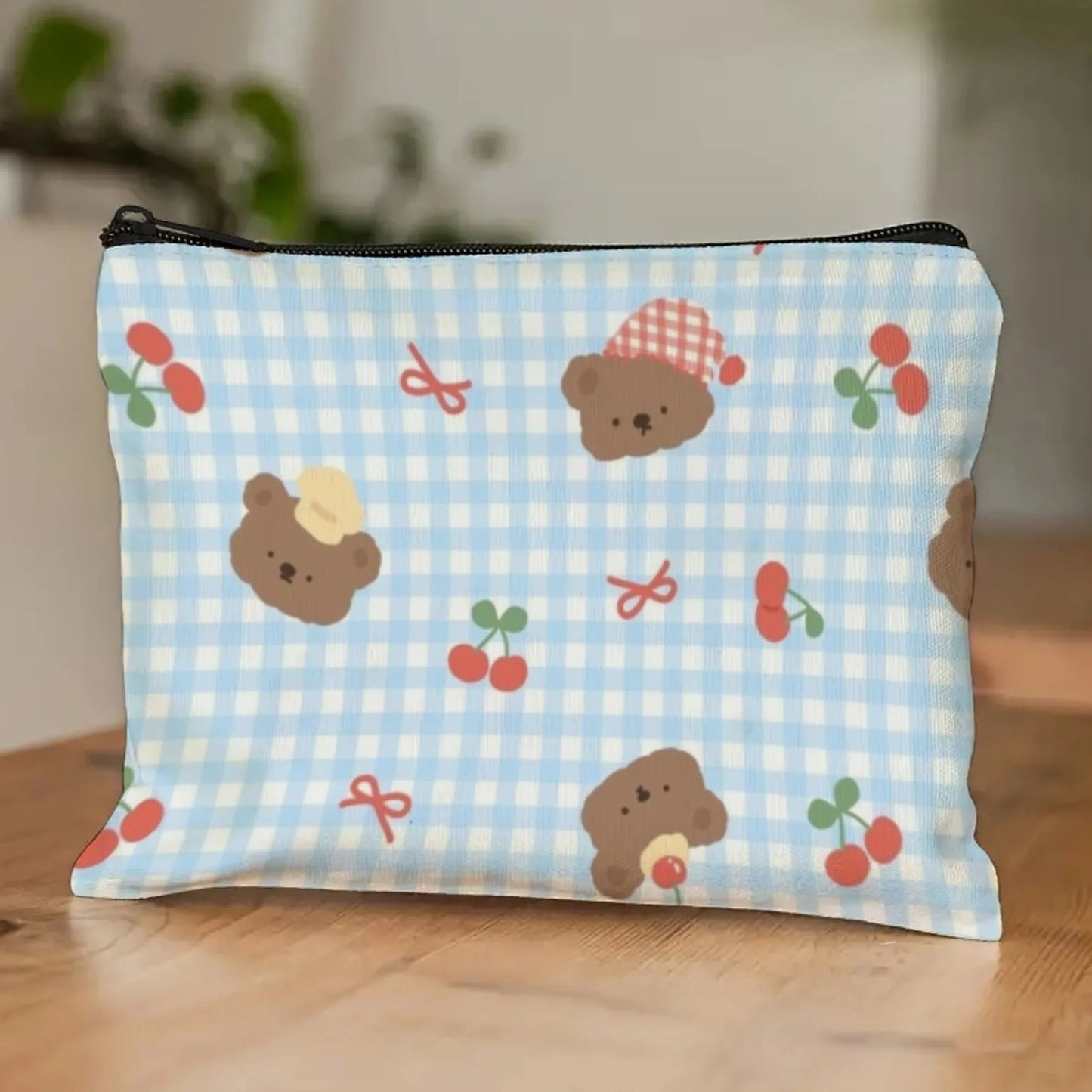 Girly Bear & Cherry Makeup Pouch with Blue Gingham Pattern Print  Cute Organizer for Lip Gloss & Small Beauty Items Ideal Gift