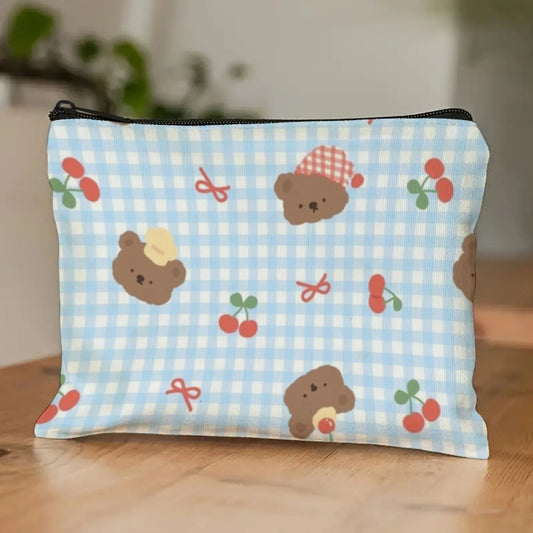 Girly Bear & Cherry Makeup Pouch with Blue Gingham Pattern Print  Cute Organizer for Lip Gloss & Small Beauty Items Ideal Gift