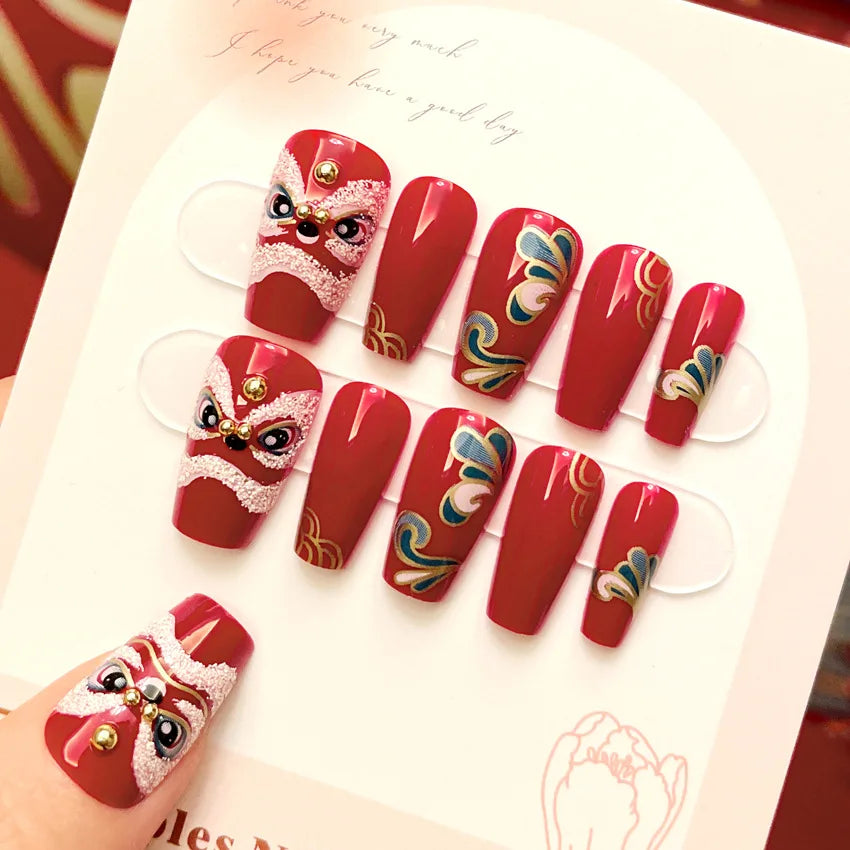 Red Fake Nails Press on Chinese Spring Festival False Nails Tips Square Long Ballerina Artificial Fingernail for Women Party Use