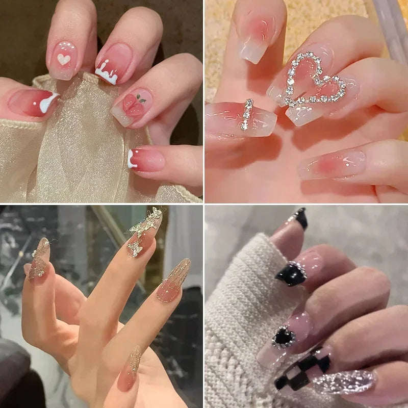 Pink Fake Nails Press on Nail Designs Art Long Tips False Forms with Glue Stick Stickers Reusable Set Acrylic Artificial