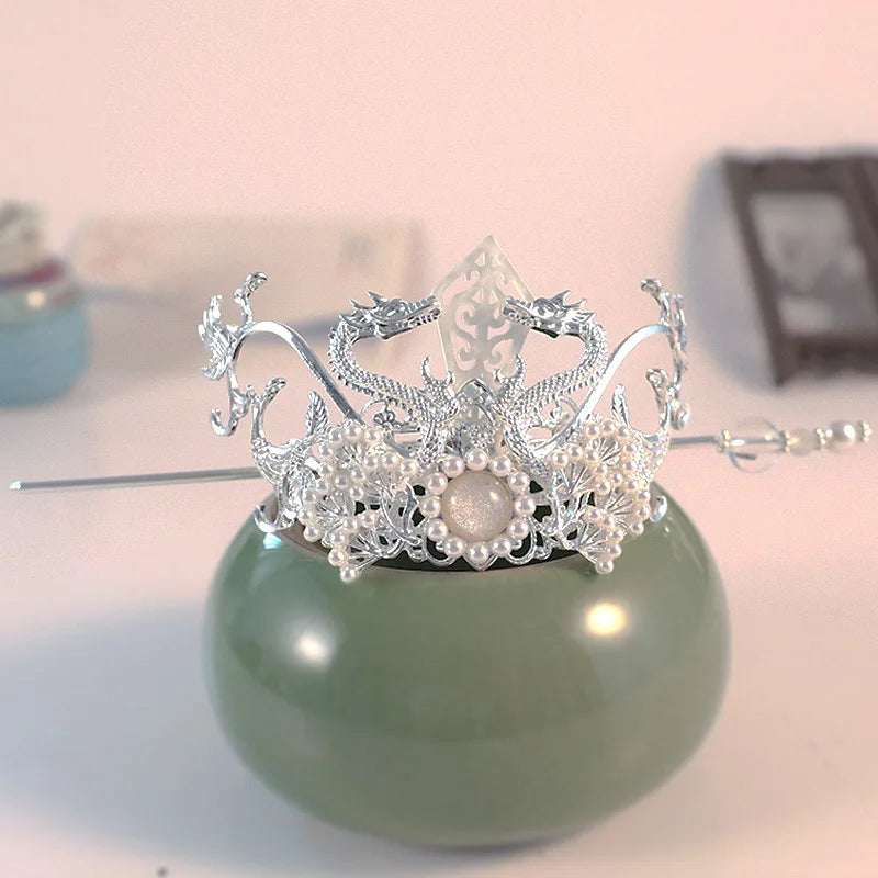 Chinese Hairpins Clips Retro Ponytail Bun Hair Holder Gold Silver Color Metal Pearls Crown Tiara for Women Men Long Hair Jewelry