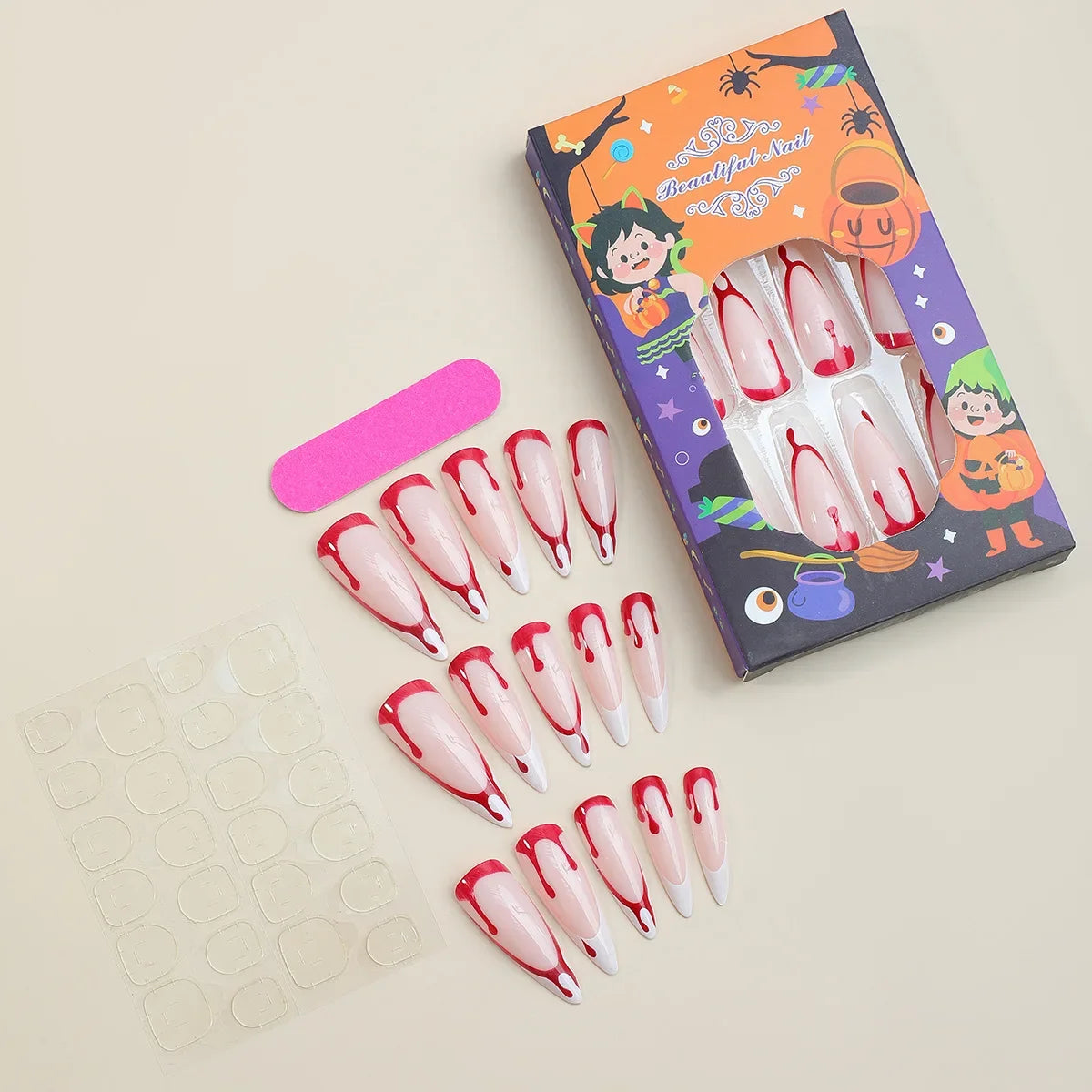 French Tips Press on Nails Long Fake Nails Black White Anime Comics Design Full Cover Punk Acrylic Artificial False Nails 24PCS