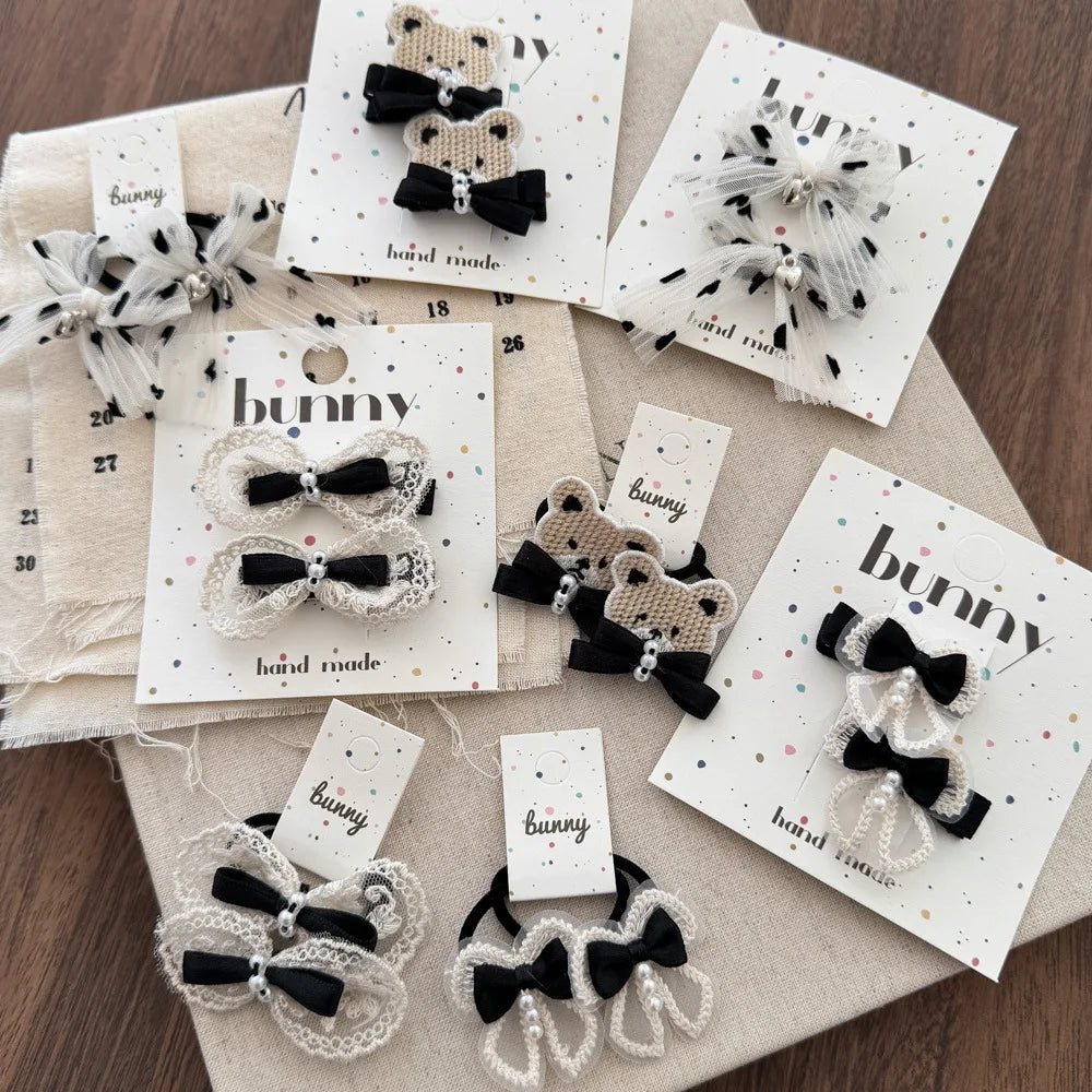 Cartoon Bear Cute Hairpins Baby Girl Black White Lace Barrettes Hair Clips Kawaii Bow Pearl Hair Clips for Kids Hair Accessories