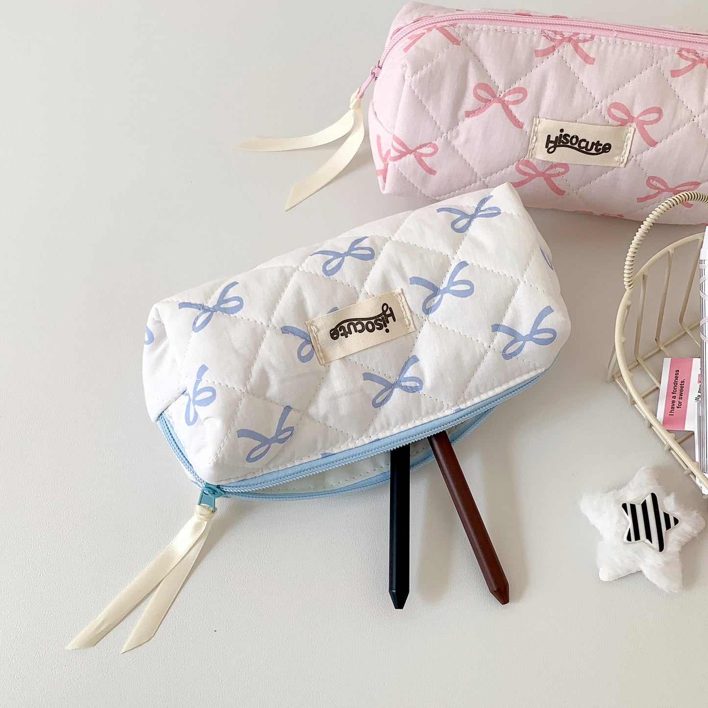 Sweet Girl Pencil Pouch Bow Ribbon Decoration Fabric Pencil Pouch School Stationery Organizer Kawaii Pencil Bag