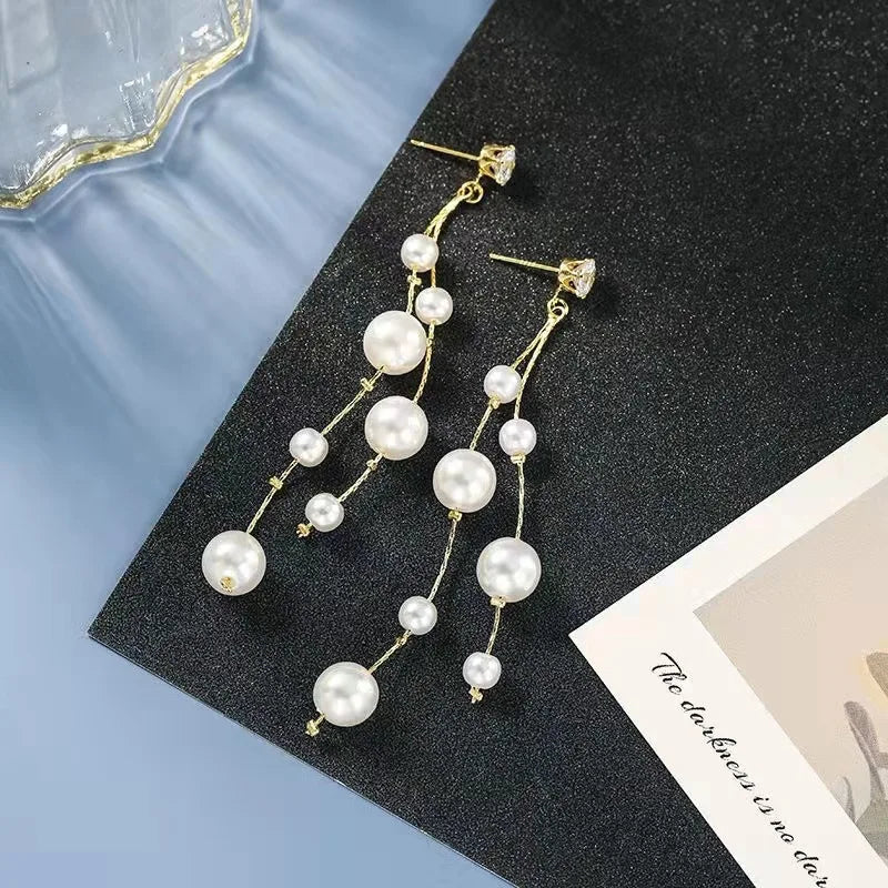 Long Earrings Elegant Pearl Tassel Earrings for Women Crystal Drop Earrings Korean Fashion Dangle Earrings Wedding Party Jewelry