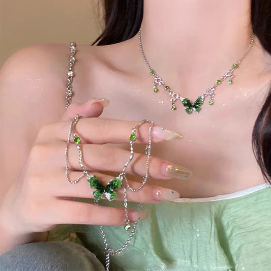 Y2K Kpop Green Zircon Butterfly Tassel Necklace for Women Korean Sweet Crystal Butterfly Metal Chain Choker Fairy Girls Jewelry