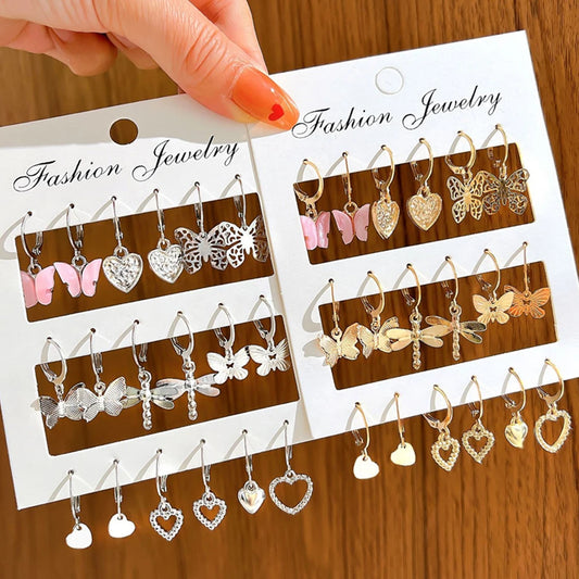9 Pairs Gold Color Silver Color Metal Hollow Heart Butterfly Drop Earrings Set for Women Acrylic Dangle Earring Jewelry Gift