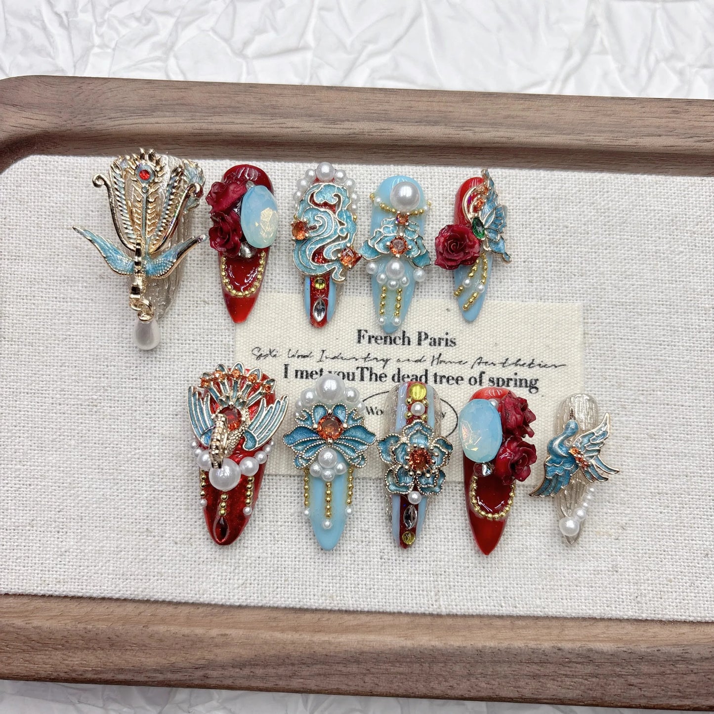 Long-Lasting Press-on Artificial Nails with Silk Flower & Electroplated Alloy Traditional Chinese Red Blue Nail Art for Hanfu