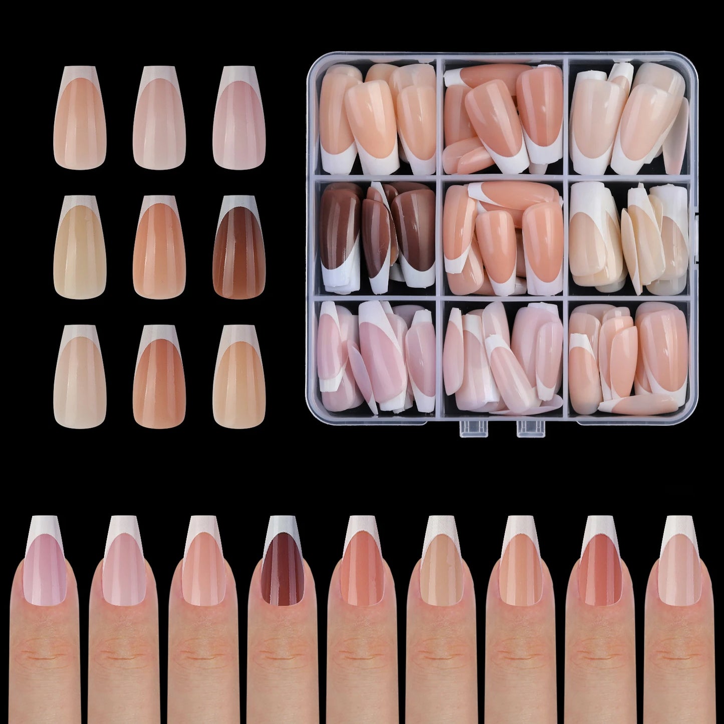 9 Palace lattice Almond Blend French Fake nails Simple Oval nude powder full cover press nails white edge Artificial removable