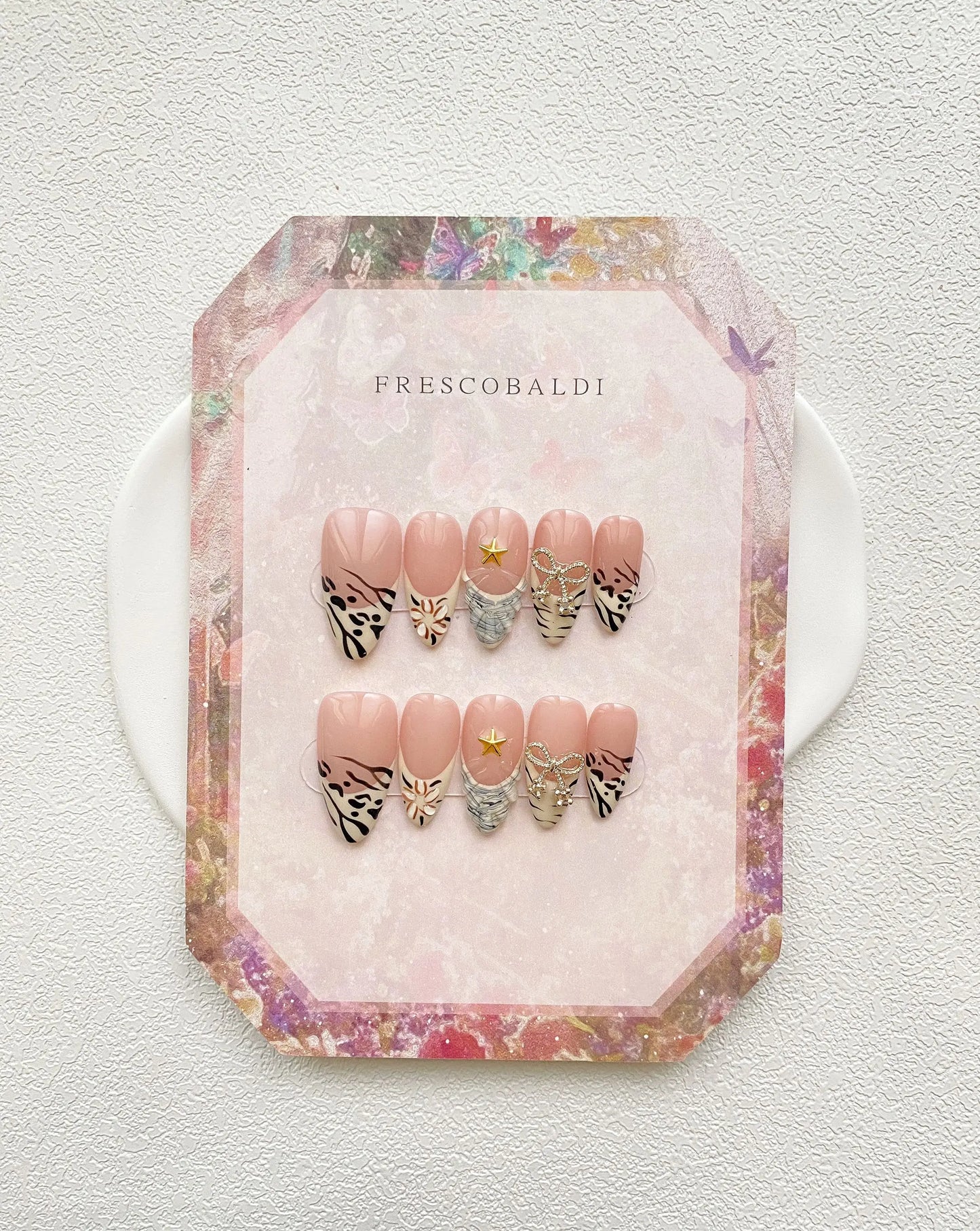 Almond Handmade False Nails Press on Reusable Adhesive Fake Nails Leopard French Manicure Wearable Artificial Finger Tips Woman