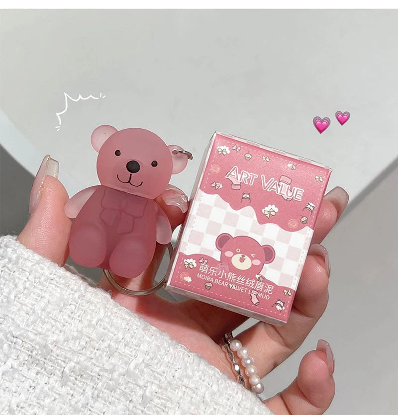 Cute Bear Keychain Velvet Mist Lip Glaze Waterproof Lasting Matte Lipstick Orange Lips Tint Women Dupes Korean Makeup Cosmetic