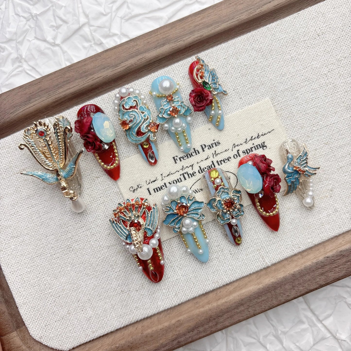 Long-Lasting Press-on Artificial Nails with Silk Flower & Electroplated Alloy Traditional Chinese Red Blue Nail Art for Hanfu