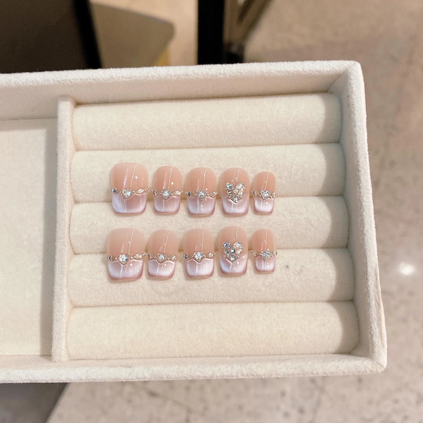 10pcs Cat Eye Handmade Press On Nails with Rhinestone Design False Nails Full Cover French Ballerina Wearable Artificial Nails