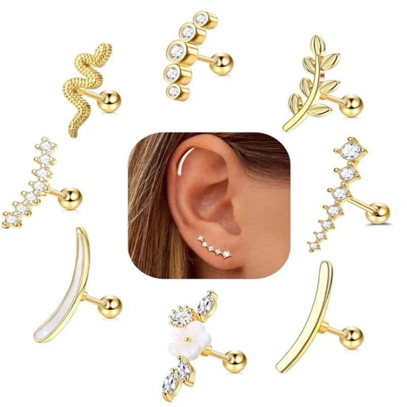 1Pc 16G Stainless Steel Screw Back Stud Earrings for Women Men, Fashion Cubic Zerconia Cartilage Conch Helix Ear Piercing Jewels
