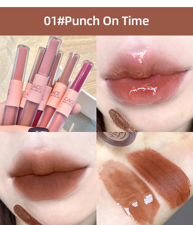 CACE Double Head Lip Gloss Sexy Red Lip Makeup Lip Mud Mirror Water Gloss Lip Glaze Matte Lipstick Waterproof Korean Cosmetics